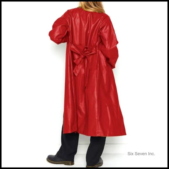 Faux Leather Trench Coat Elegant Chic Lapel Open Front Long Belted - Picture 5 of 7